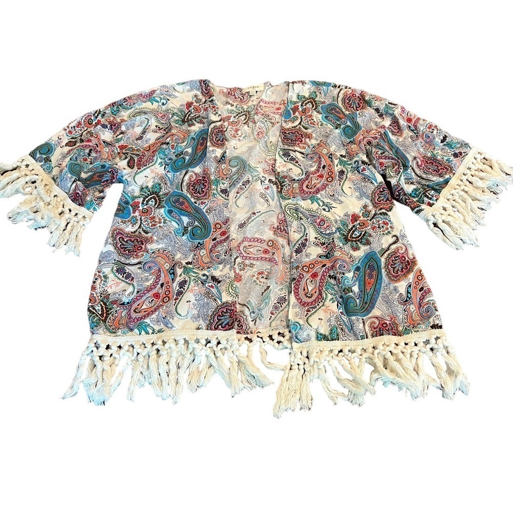 Umgee Boho Paisley Fringe Open Front Cardigan Top Cover Up Size S/M